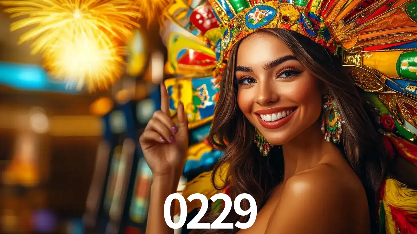 Mulher sorridente com um cocar de carnaval vibrante e colorido, celebrando uma grande vitória nos jogos do cassino 0229 com fogos de artifício ao fundo.