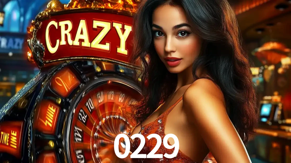 Mulher glamourosa olhando para a câmera com a roda vermelha do Crazy Time ao fundo em um ambiente de cassino, destacando a emoção dos jogos ao vivo no 0229.