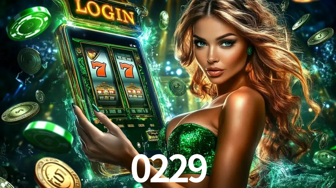 Mulher com tema verde apresentando o aplicativo do cassino 0229 com um jogo de slot de 777, cercada por fichas de cassino e uma aura de sorte.