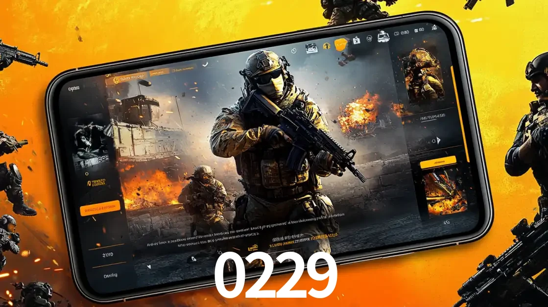 Um smartphone exibindo a interface de um jogo de tiro em primeira pessoa, com um soldado em um cenário de batalha, representando a ação dos e-sports para apostar no 0229.