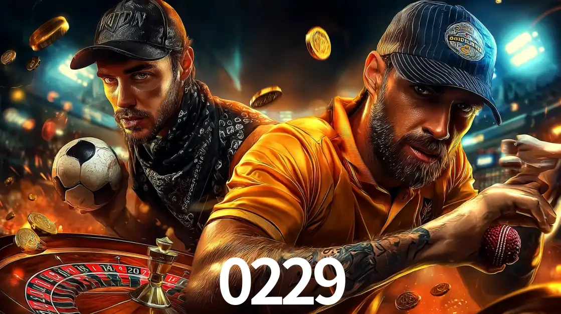 Montagem de apostas esportivas e cassino no 0229, com um homem segurando uma bola de futebol e outro uma de beisebol sobre uma roleta e moedas voadoras.