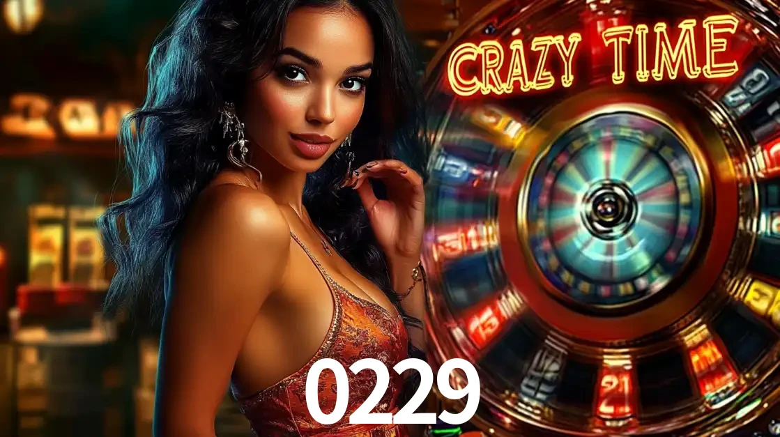 Mulher elegante ao lado da vibrante roda da fortuna do jogo de cassino ao vivo Crazy Time, um dos game shows mais populares e cheios de prêmios do 0229.