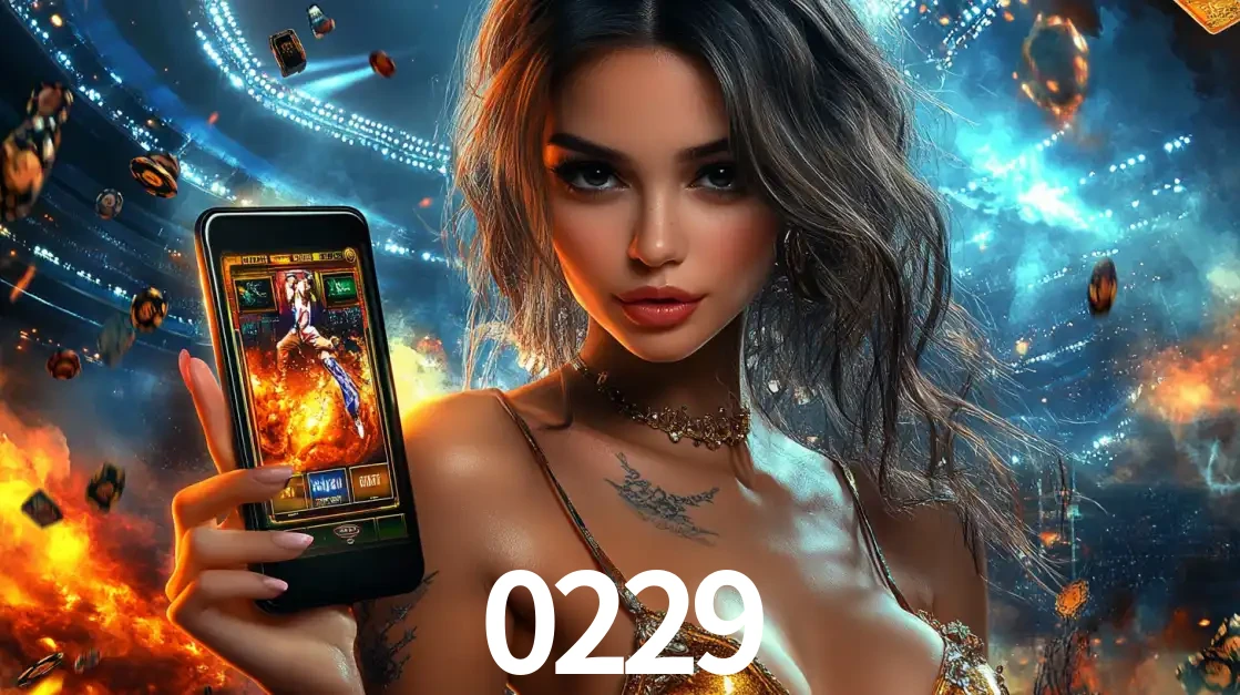 Mulher segurando um celular com um jogo de slot em destaque, tendo como fundo um estádio vibrante, simbolizando a emoção de jogar no cassino móvel 0229.